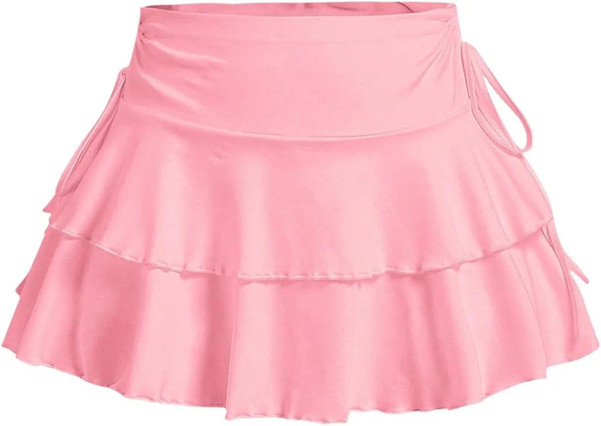 Women's Drawstring Bow Side Mini Skirts Tiered Layer Ruffle Elastic Waist Y2K Coquette Short Skirts