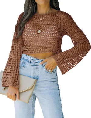Womens Fishnet Crochet Crop Top Sexy Long Sleeve See Through Hollow Out Mesh Bikini Cover Ups