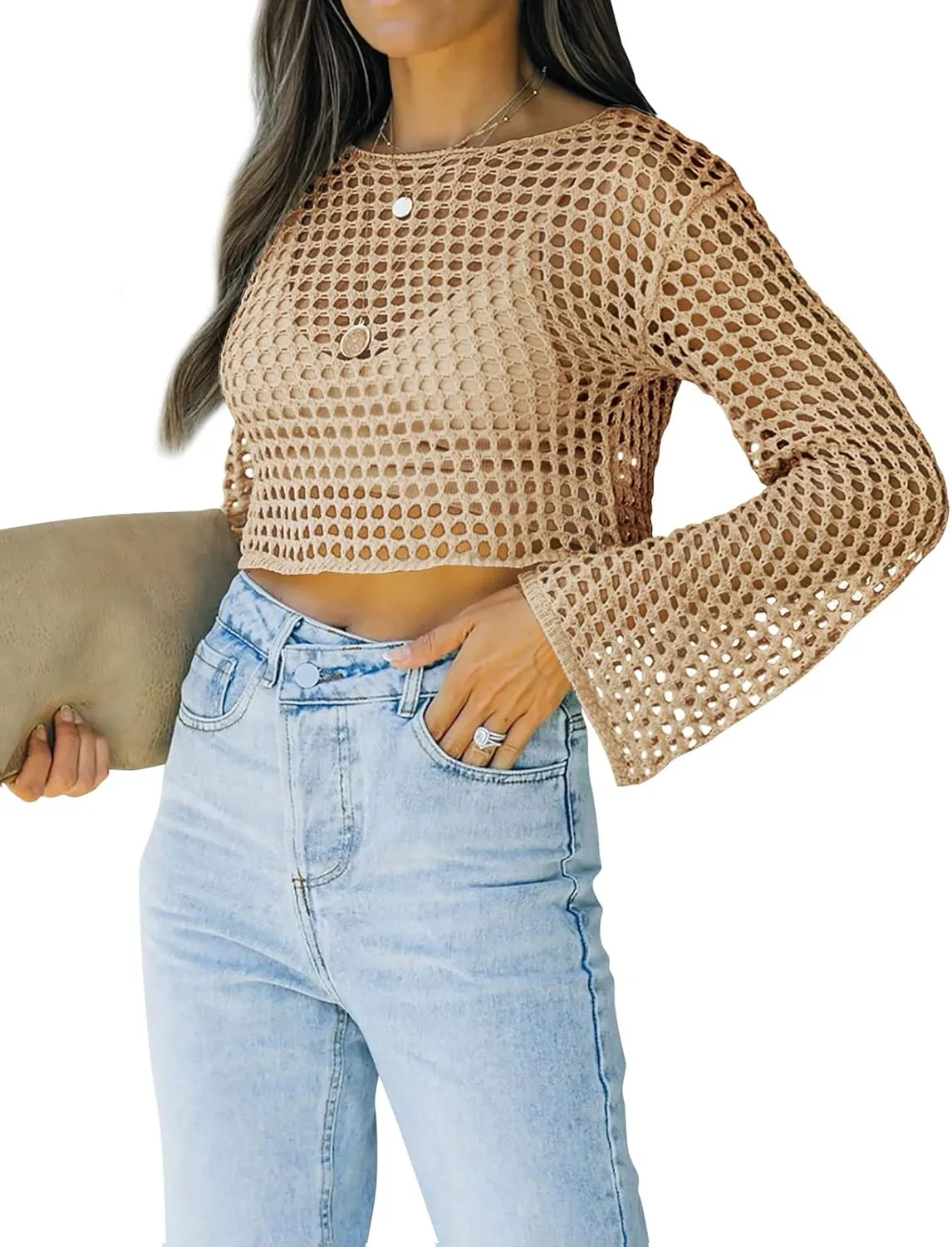 Womens Fishnet Crochet Crop Top Sexy Long Sleeve See Through Hollow Out Mesh Bikini Cover Ups