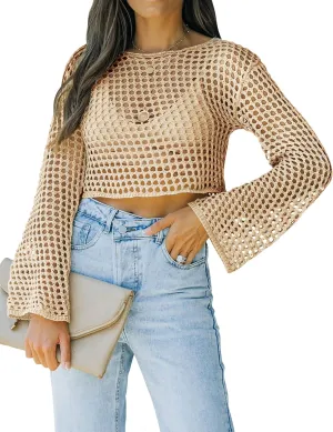 Womens Fishnet Crochet Crop Top Sexy Long Sleeve See Through Hollow Out Mesh Bikini Cover Ups