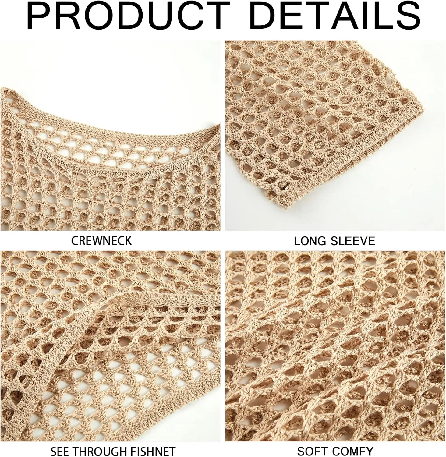 Womens Fishnet Crochet Crop Top Sexy Long Sleeve See Through Hollow Out Mesh Bikini Cover Ups