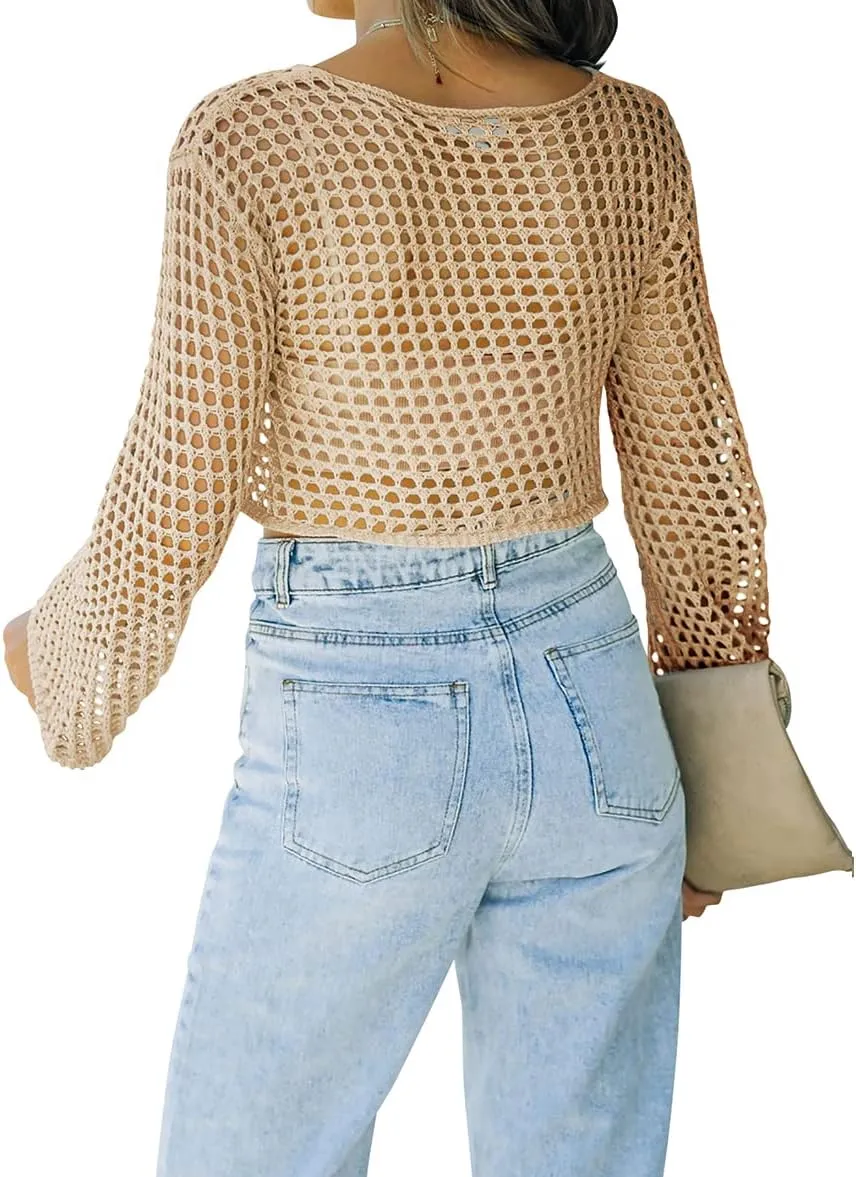 Womens Fishnet Crochet Crop Top Sexy Long Sleeve See Through Hollow Out Mesh Bikini Cover Ups