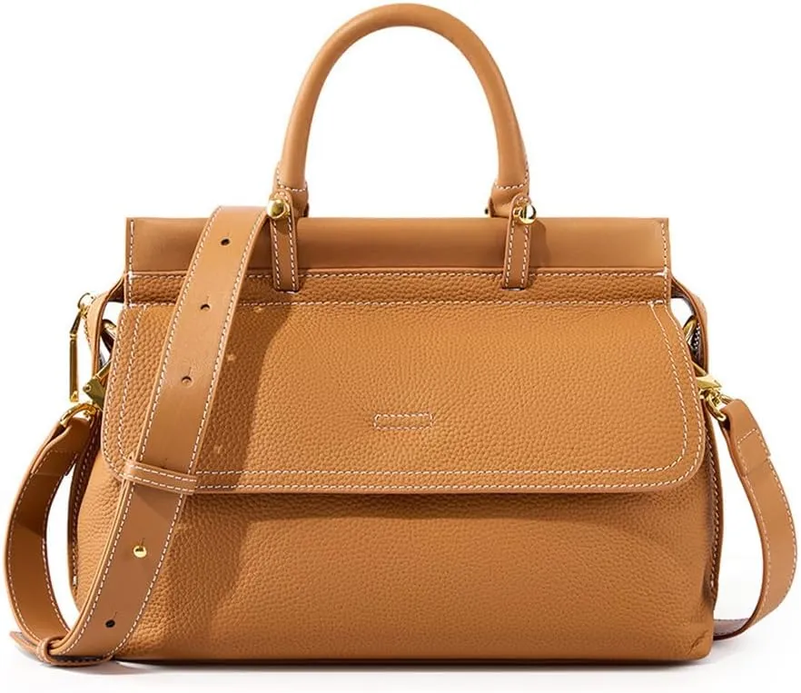 Women's Genuine Leather Handbag Flap-over Belt Shoulder Bag Top Handle Tote Satchel Purse Work Bag