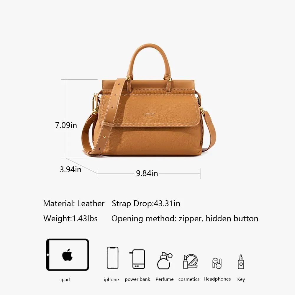 Women's Genuine Leather Handbag Flap-over Belt Shoulder Bag Top Handle Tote Satchel Purse Work Bag