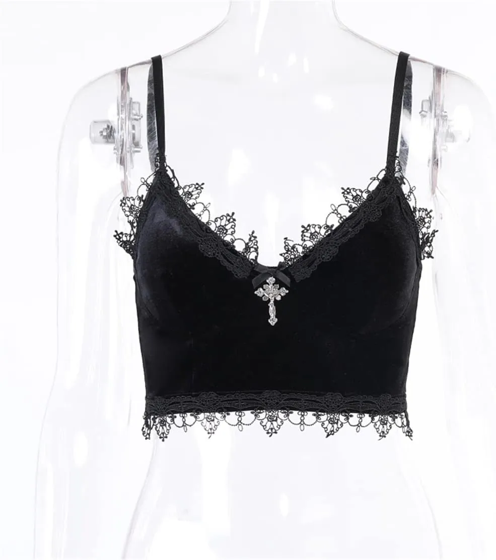 Women's Gothic Crop Top Spaghetti Strap Camisole Mall Goth Grunge Punk Fairy Cami Corset Top Backless Vest