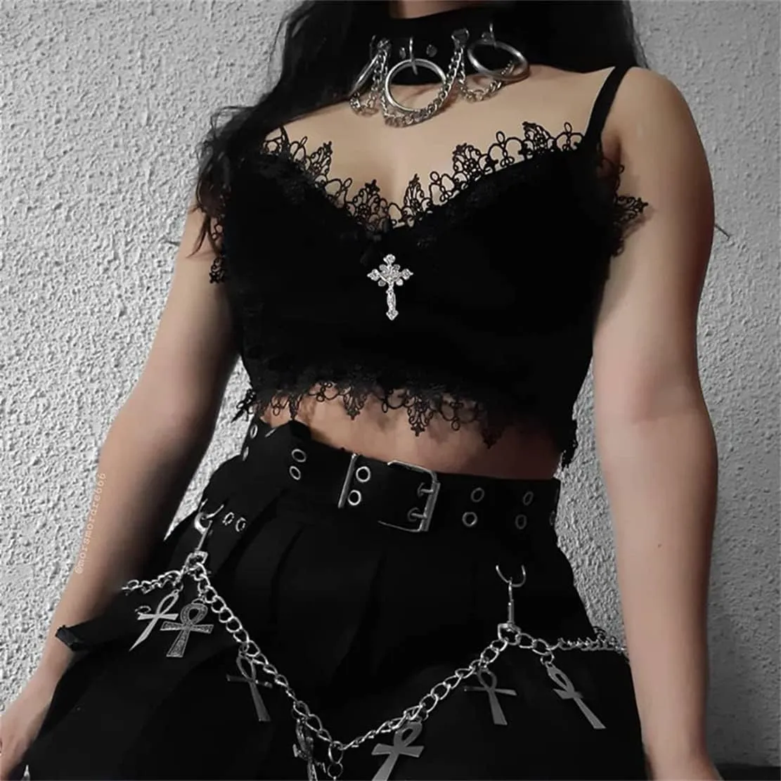 Women's Gothic Crop Top Spaghetti Strap Camisole Mall Goth Grunge Punk Fairy Cami Corset Top Backless Vest