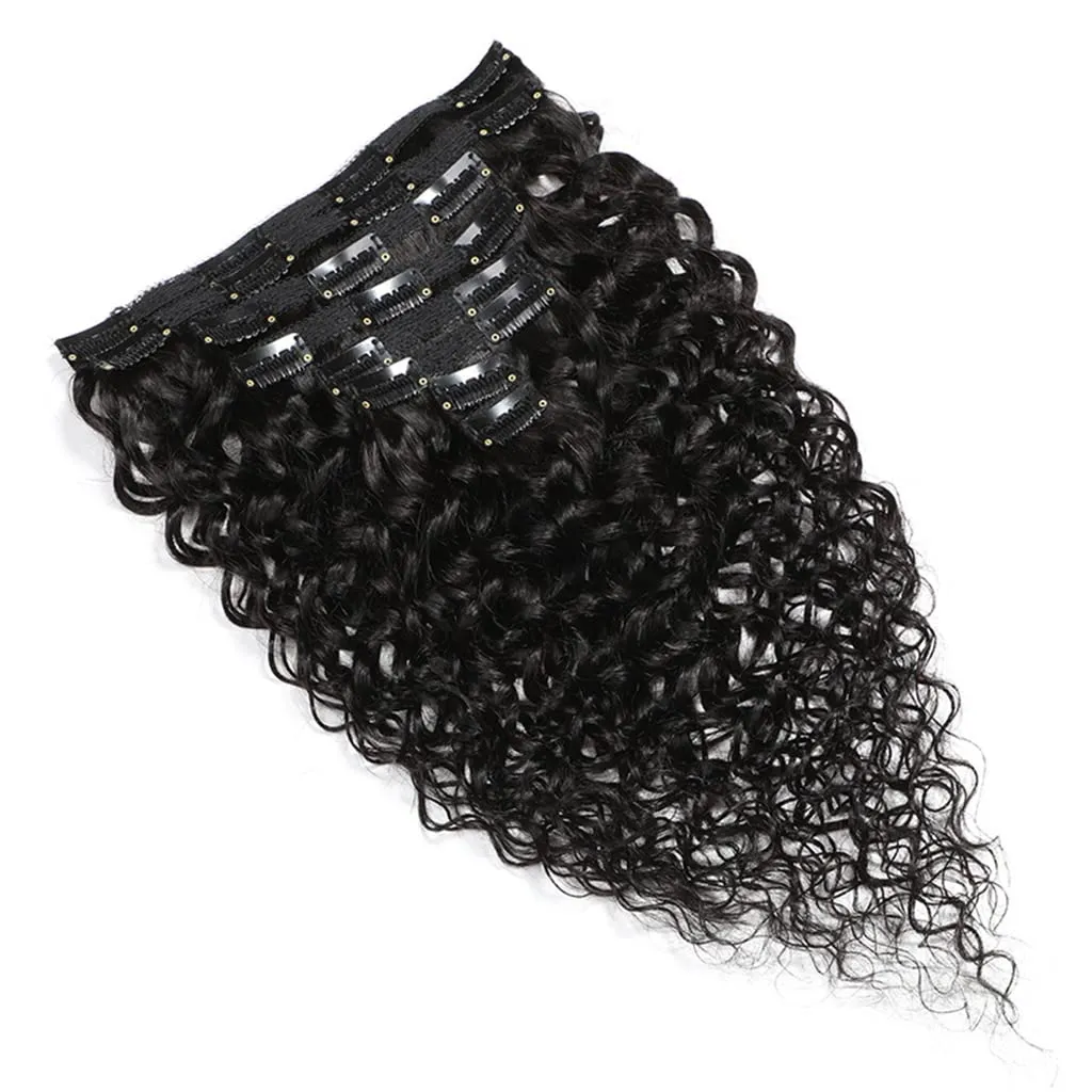 Women's Hair Extension Clip In 8 Pieces Set of Water Wave Human Hair Extension Double-Wefted 18 Clips In 115-120G Brazilian Curly Virgin Hair Pieces Short Hair for Women (14 Inches, #1B Natural Black)