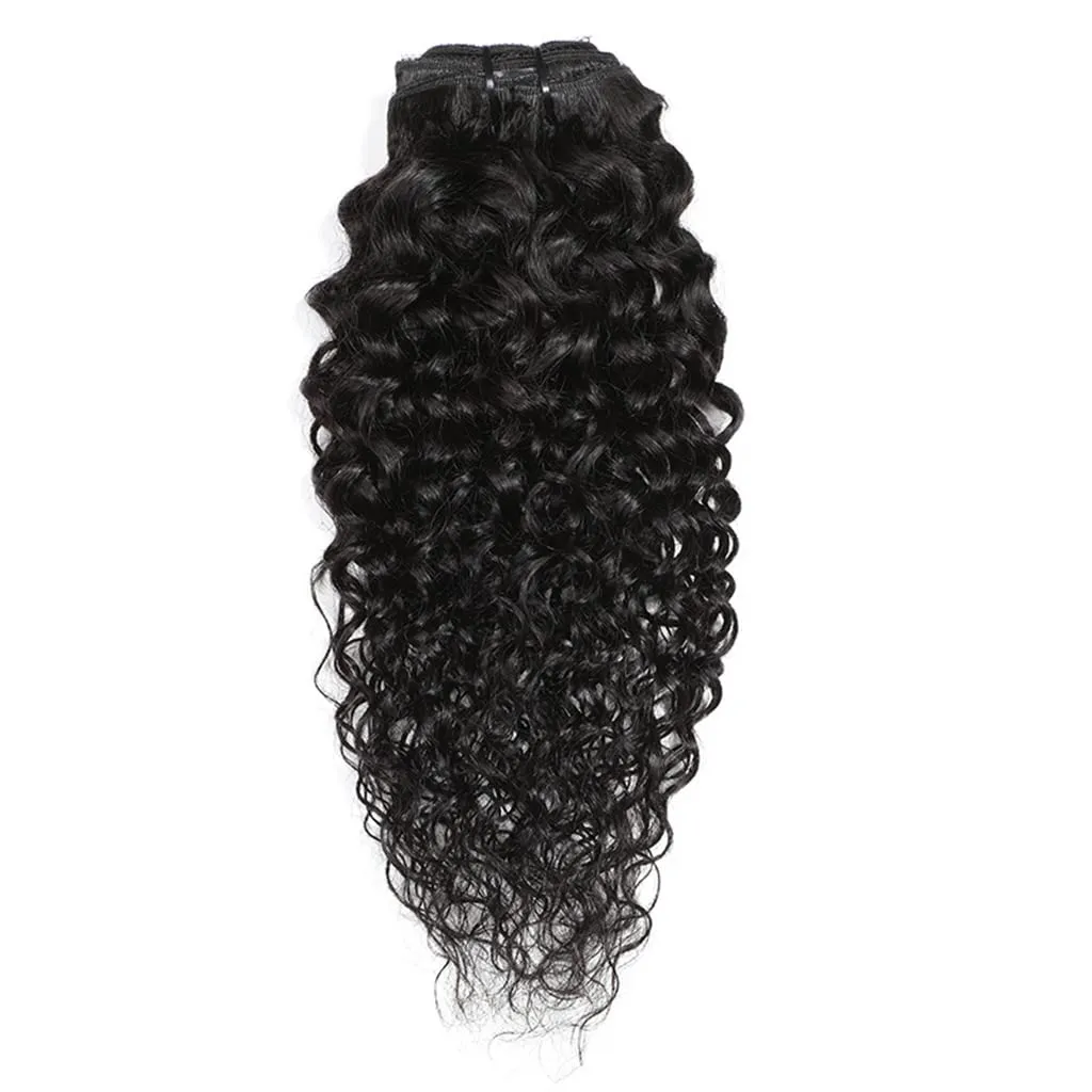 Women's Hair Extension Clip In 8 Pieces Set of Water Wave Human Hair Extension Double-Wefted 18 Clips In 115-120G Brazilian Curly Virgin Hair Pieces Short Hair for Women (14 Inches, #1B Natural Black)