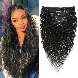Women's Hair Extension Clip In 8 Pieces Set of Water Wave Human Hair Extension Double-Wefted 18 Clips In 115-120G Brazilian Curly Virgin Hair Pieces Short Hair for Women (14 Inches, #1B Natural Black)