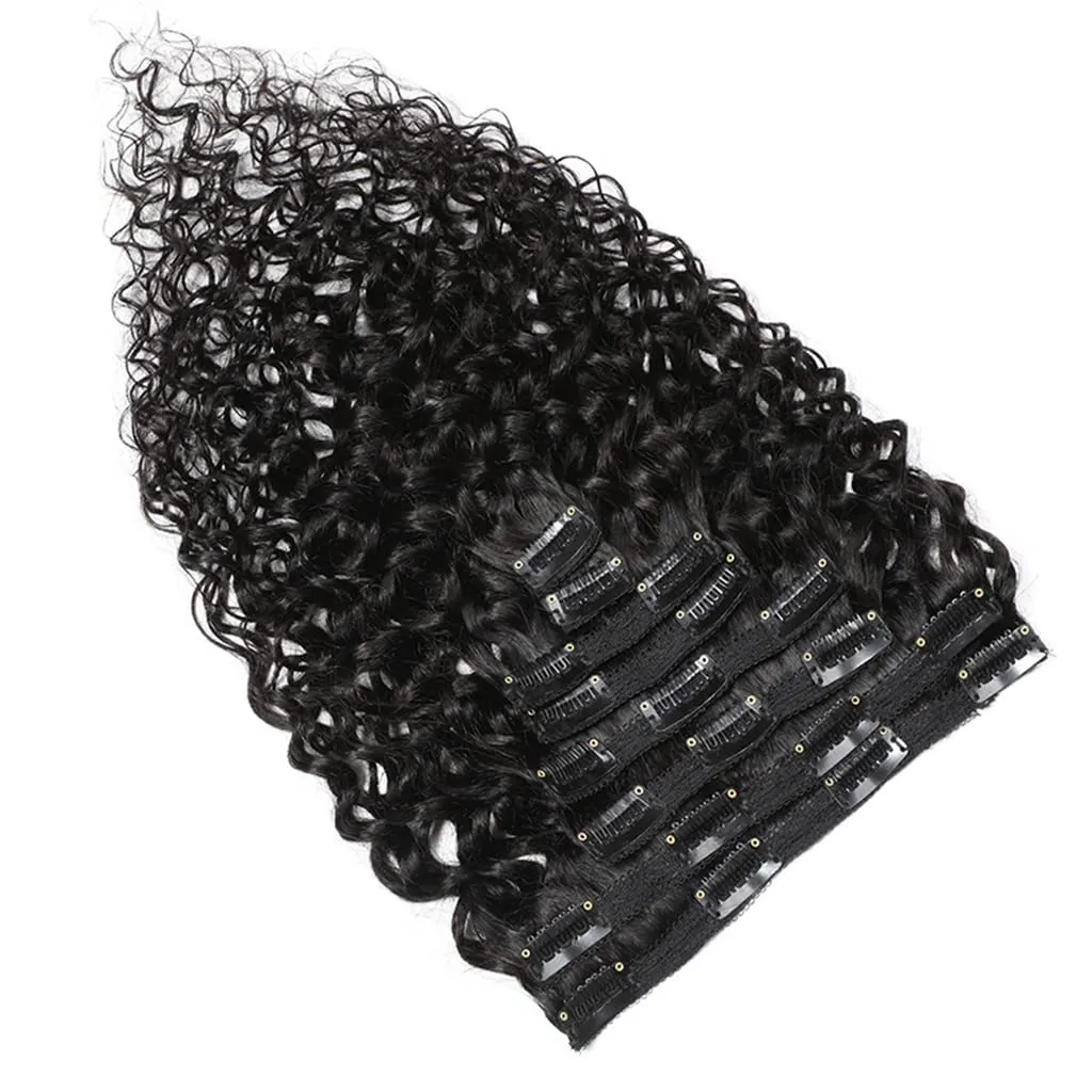 Women's Hair Extension Clip In 8 Pieces Set of Water Wave Human Hair Extension Double-Wefted 18 Clips In 115-120G Brazilian Curly Virgin Hair Pieces Short Hair for Women (14 Inches, #1B Natural Black)