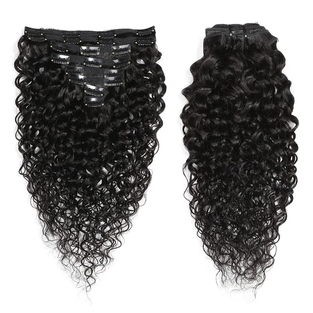 Women's Hair Extension Clip In 8 Pieces Set of Water Wave Human Hair Extension Double-Wefted 18 Clips In 115-120G Brazilian Curly Virgin Hair Pieces Short Hair for Women (14 Inches, #1B Natural Black)