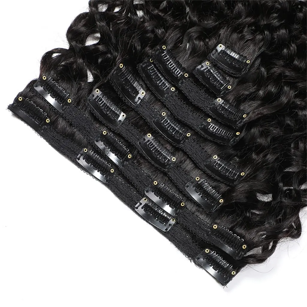 Women's Hair Extension Clip In 8 Pieces Set of Water Wave Human Hair Extension Double-Wefted 18 Clips In 115-120G Brazilian Curly Virgin Hair Pieces Short Hair for Women (14 Inches, #1B Natural Black)
