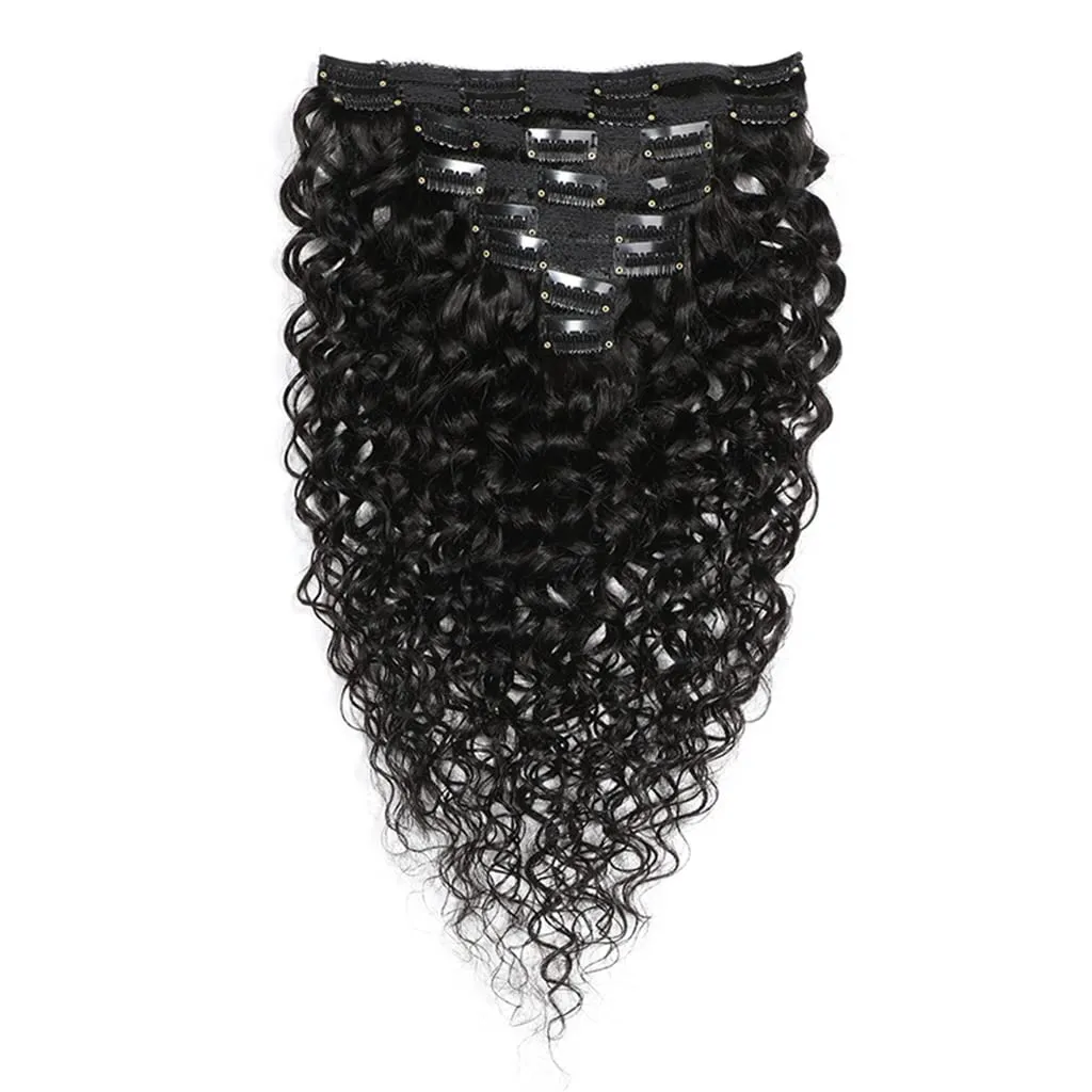 Women's Hair Extension Clip In 8 Pieces Set of Water Wave Human Hair Extension Double-Wefted 18 Clips In 115-120G Brazilian Curly Virgin Hair Pieces Short Hair for Women (14 Inches, #1B Natural Black)