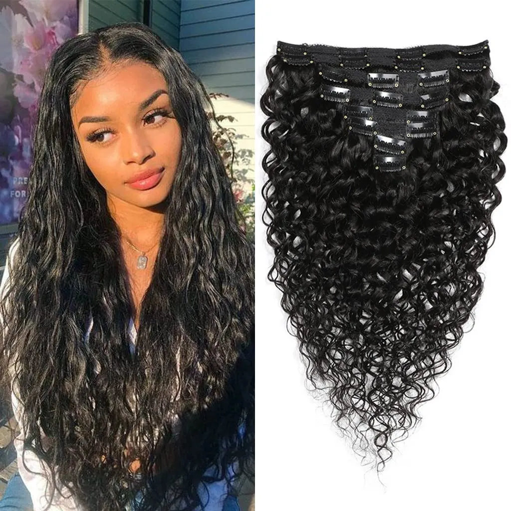 Women's Hair Extension Clip In 8 Pieces Set of Water Wave Human Hair Extension Double-Wefted 18 Clips In 115-120G Brazilian Curly Virgin Hair Pieces Short Hair for Women (14 Inches, #1B Natural Black)
