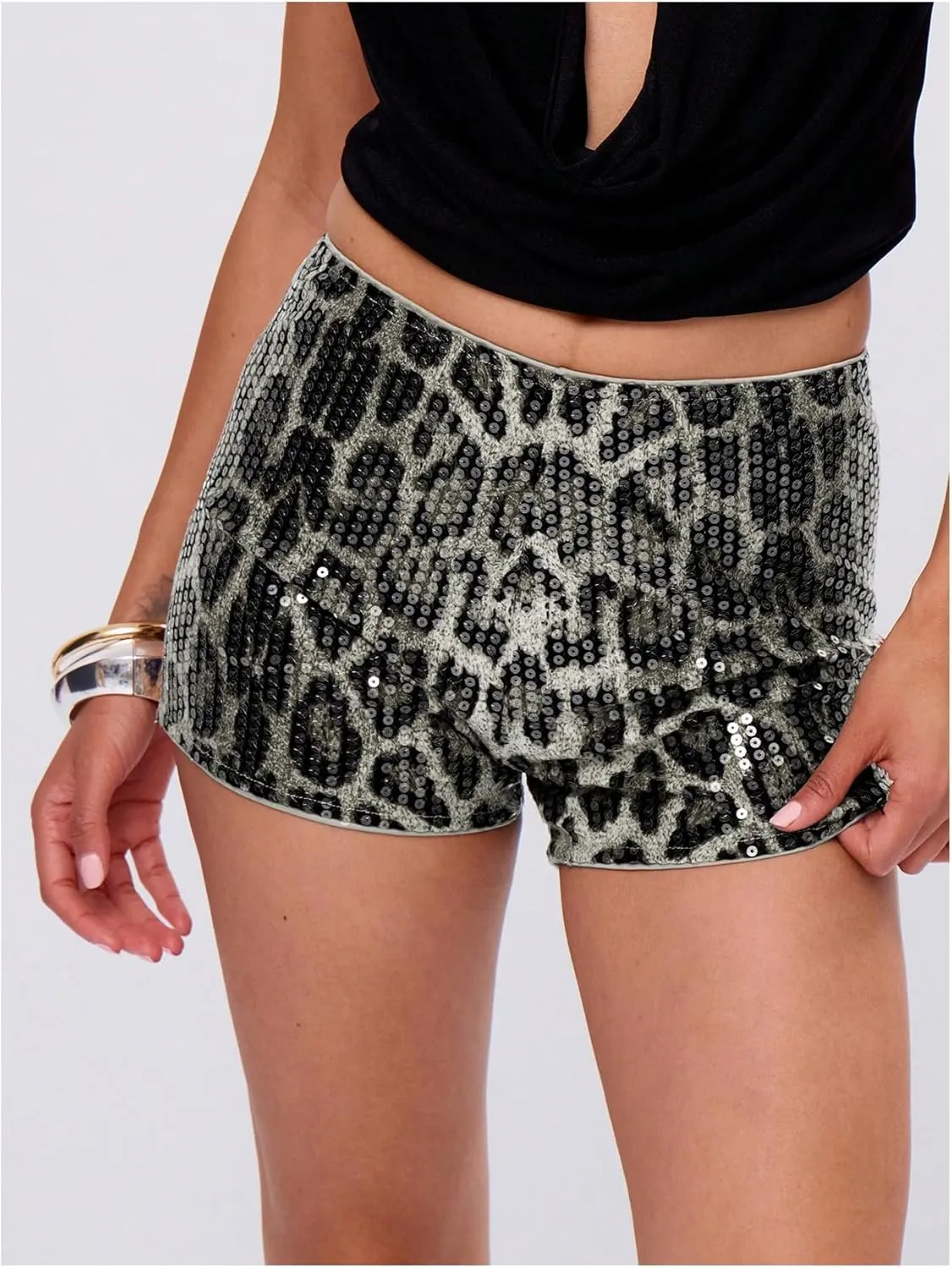 Women's Leopard Sequin Mini Shorts Drop Waist Skinny Y2K Shorts Club Rave Bottoms