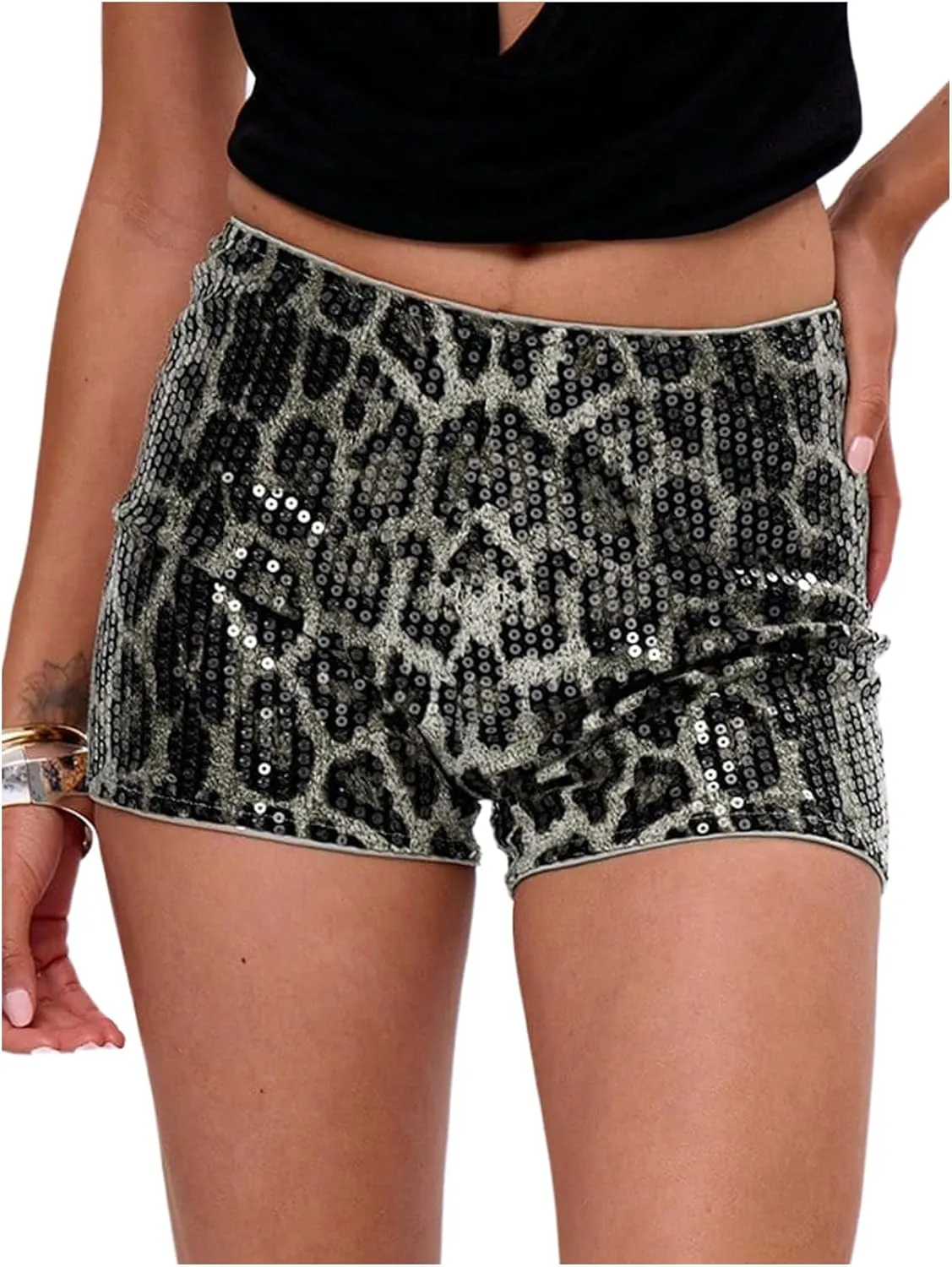 Women's Leopard Sequin Mini Shorts Drop Waist Skinny Y2K Shorts Club Rave Bottoms
