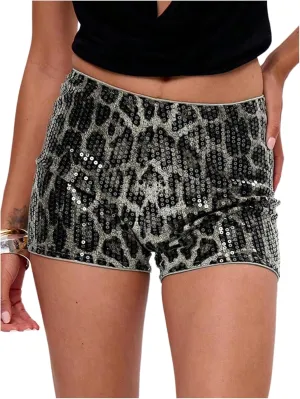 Women's Leopard Sequin Mini Shorts Drop Waist Skinny Y2K Shorts Club Rave Bottoms