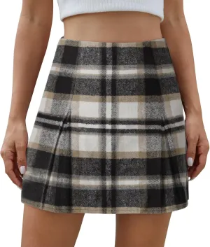 Women's Plaid Mini Skirt Zipper Side High Waisted Pleated A Line Short Skirt