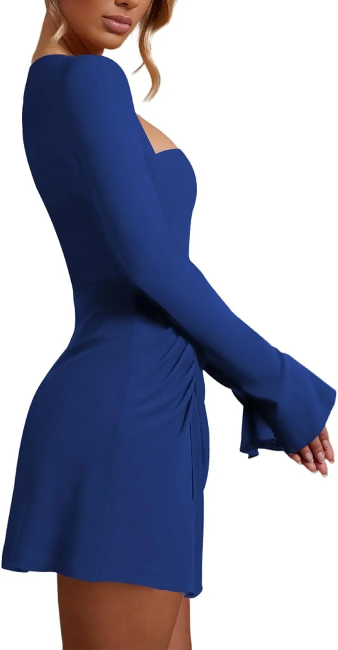 Women’s Ruched Bodycon Dress Sexy Long Sleeve Square Neck Split Cocktail Party Club Mini Short Tight Dress