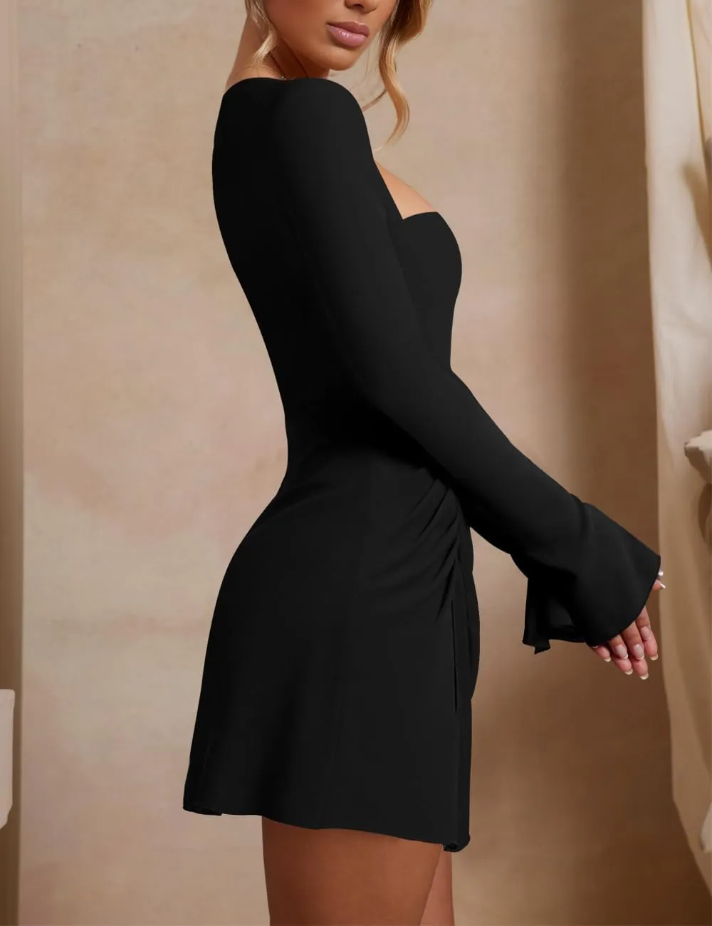Women’s Ruched Bodycon Dress Sexy Long Sleeve Square Neck Split Cocktail Party Club Mini Short Tight Dress
