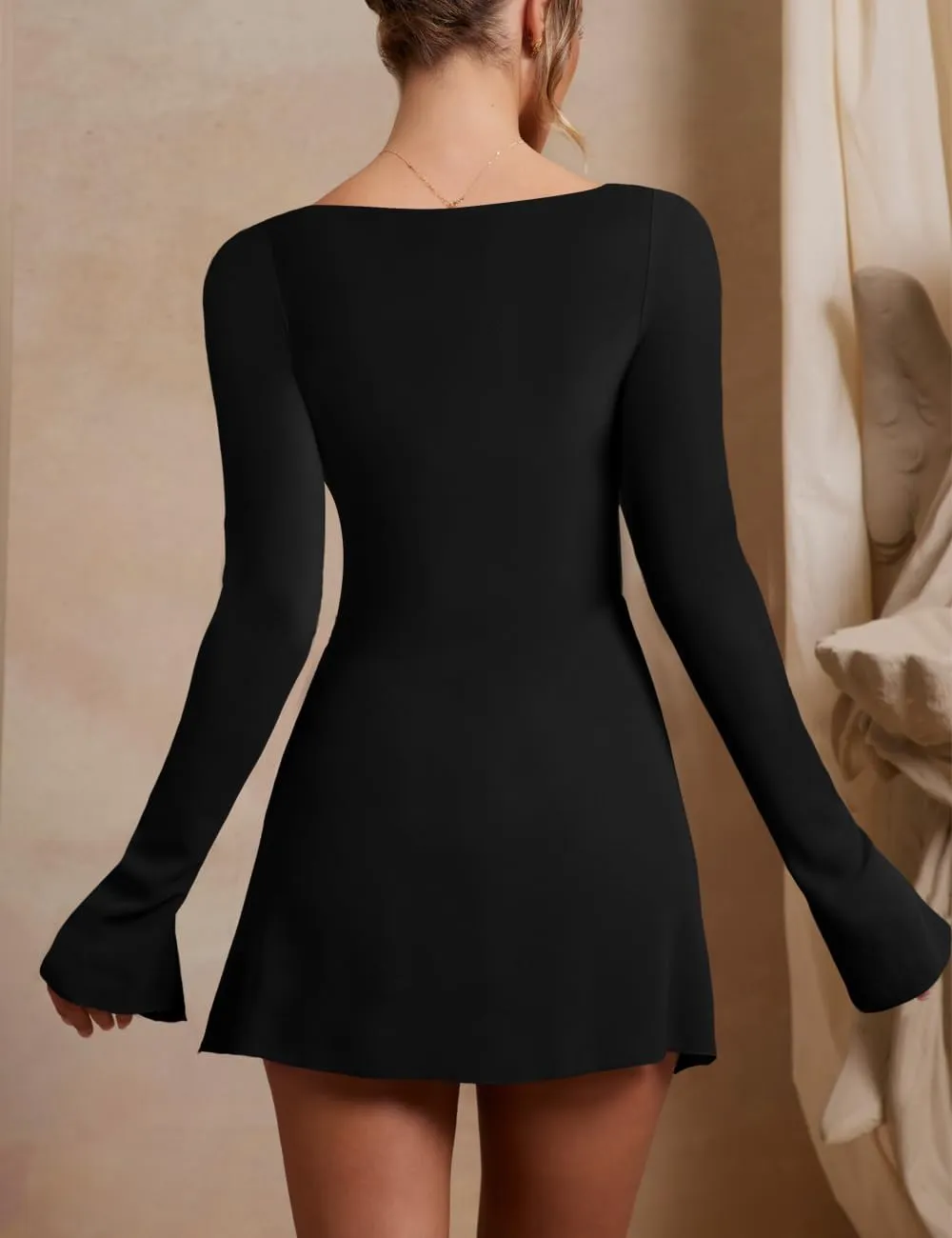 Women’s Ruched Bodycon Dress Sexy Long Sleeve Square Neck Split Cocktail Party Club Mini Short Tight Dress
