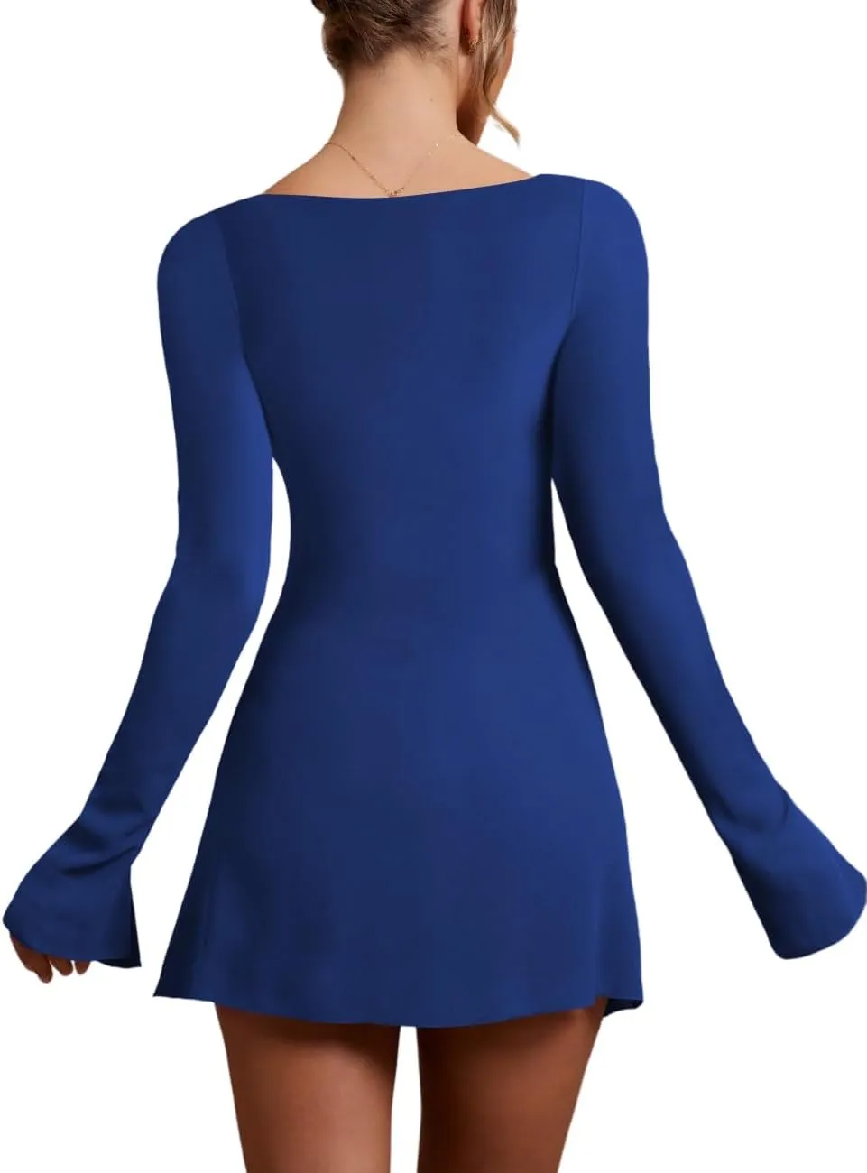 Women’s Ruched Bodycon Dress Sexy Long Sleeve Square Neck Split Cocktail Party Club Mini Short Tight Dress
