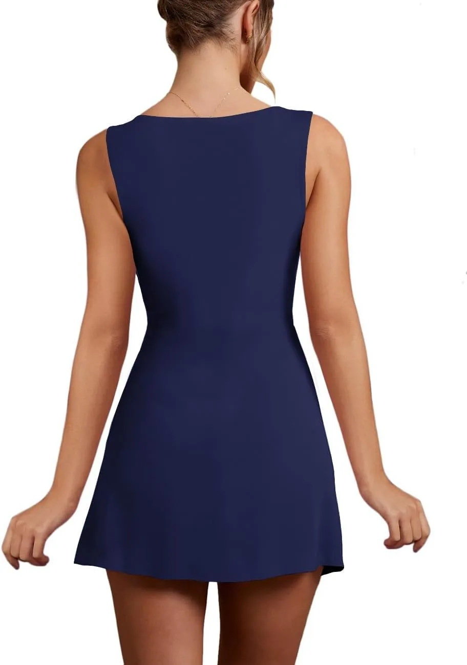 Women’s Sexy Sleeveless Square Neck Bodycon Ruched Split Party Club Mini Tank Short Dress