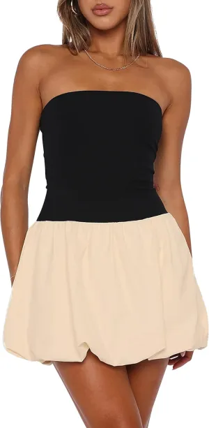 Women's Sexy Sleeveless Tube Short Skirt Y2K Corset Bubble Mini Dress Strapless Bandeau Dresses Party Club