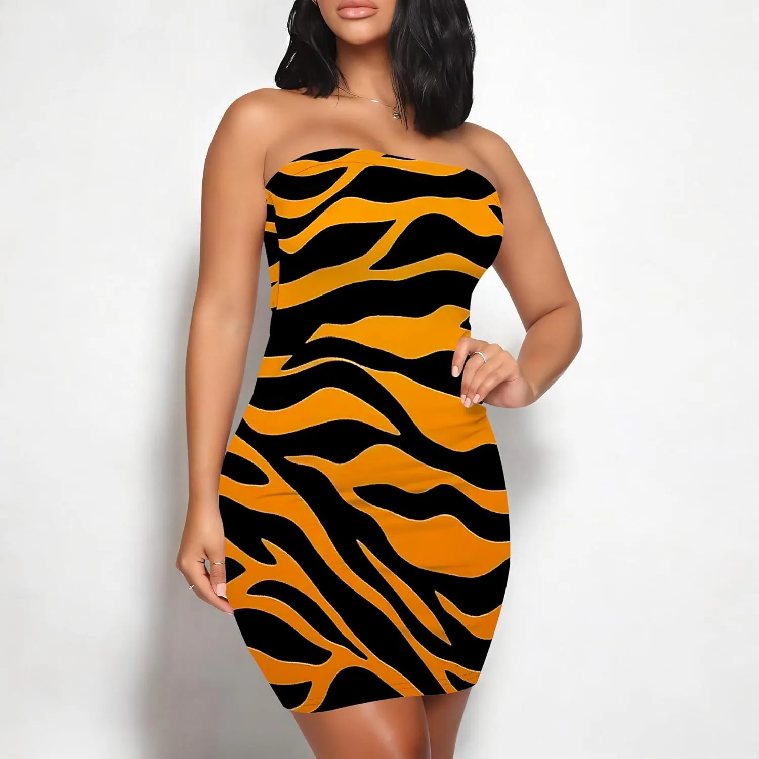 Women's Sexy Strapless Mini Dresses Bodycon Sleeveless Tube Top Floral Print Fitted Cocktail Club Party Formal Dress