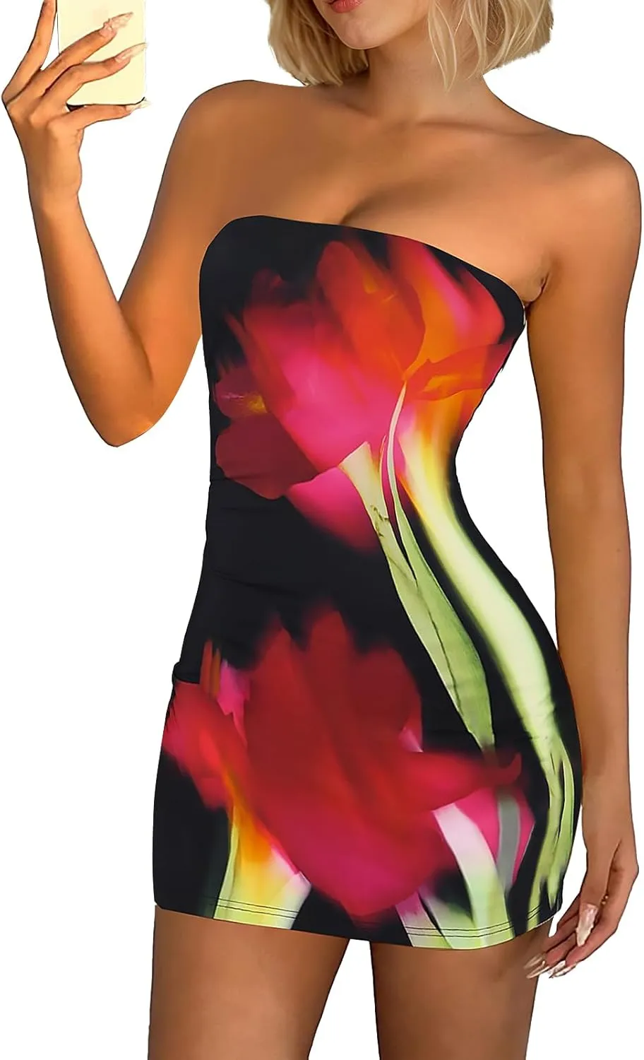 Women's Sexy Tube Mini Dress Floral Print Strapless Bodycon Short Dress Y2k Cocktail Party Going Out Bandeau Dresses