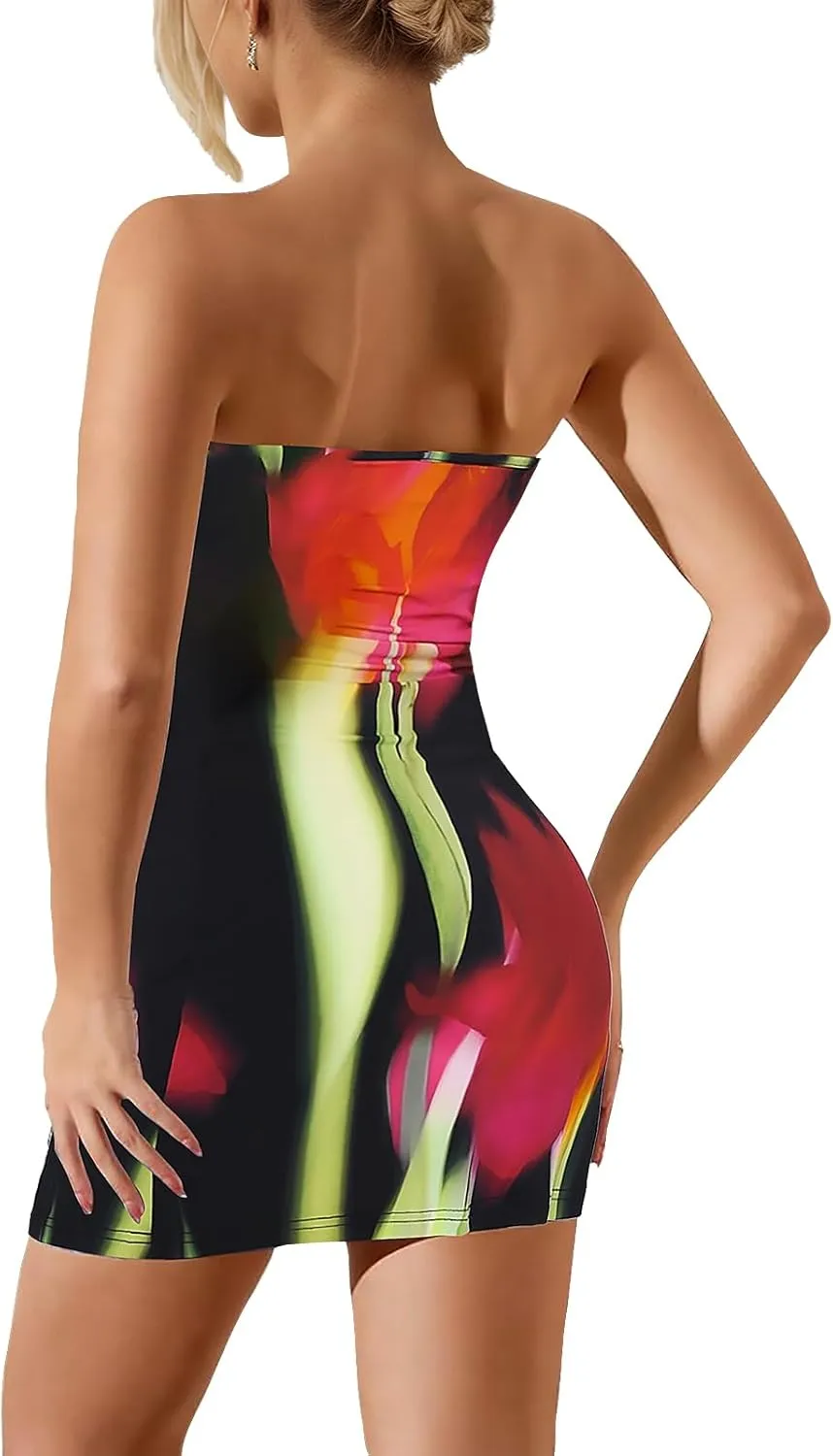 Women's Sexy Tube Mini Dress Floral Print Strapless Bodycon Short Dress Y2k Cocktail Party Going Out Bandeau Dresses