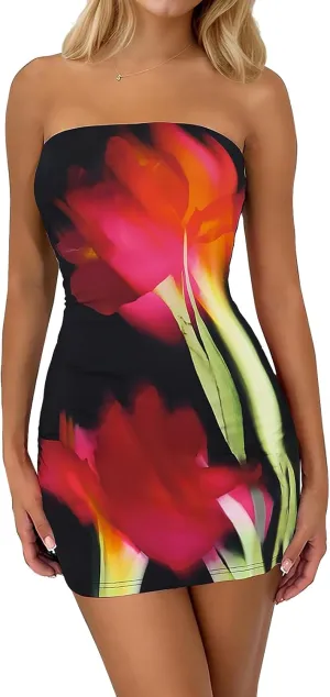 Women's Sexy Tube Mini Dress Floral Print Strapless Bodycon Short Dress Y2k Cocktail Party Going Out Bandeau Dresses