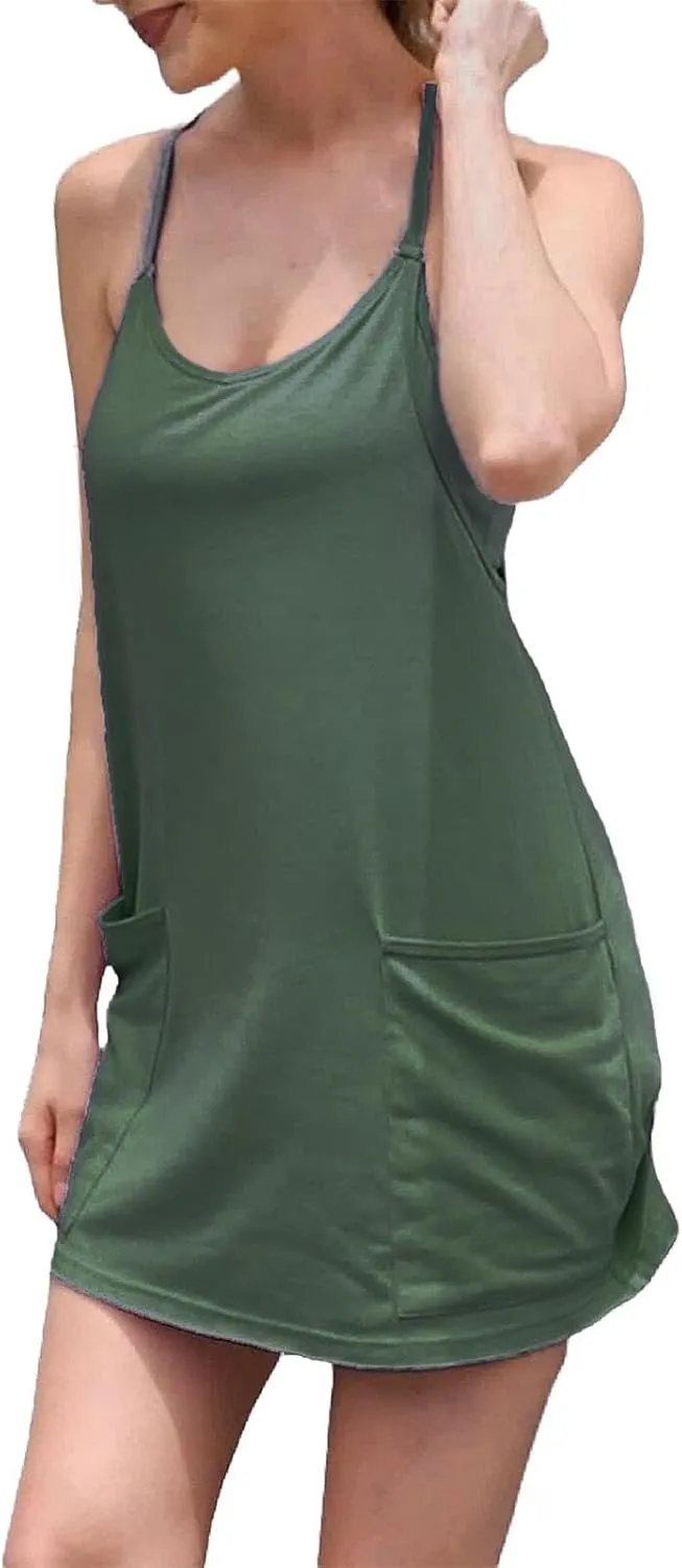 Womens Workout Romper Dress with Shorts Underneath Sleeveless Spaghetti Straps Athletic Outfits Casual Vacation