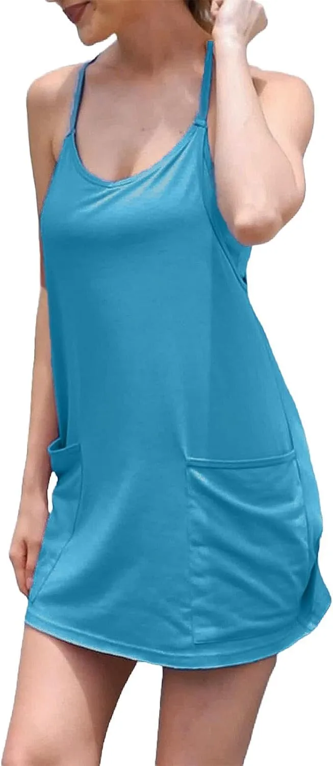 Womens Workout Romper Dress with Shorts Underneath Sleeveless Spaghetti Straps Athletic Outfits Casual Vacation