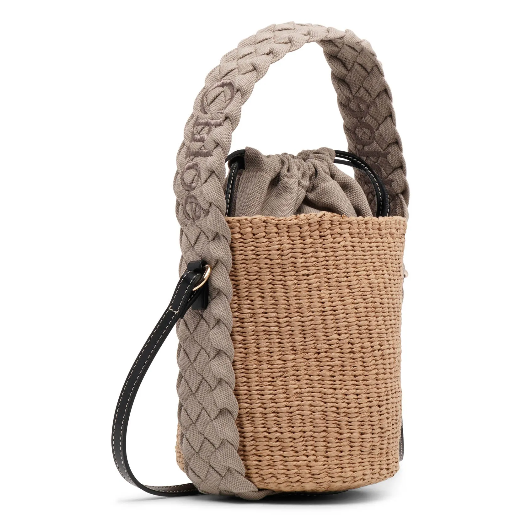 Woody braided grey raffia bucket bag