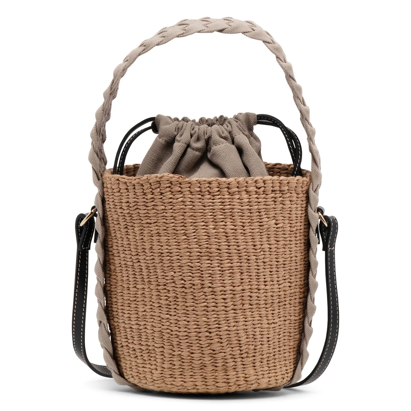 Woody braided grey raffia bucket bag