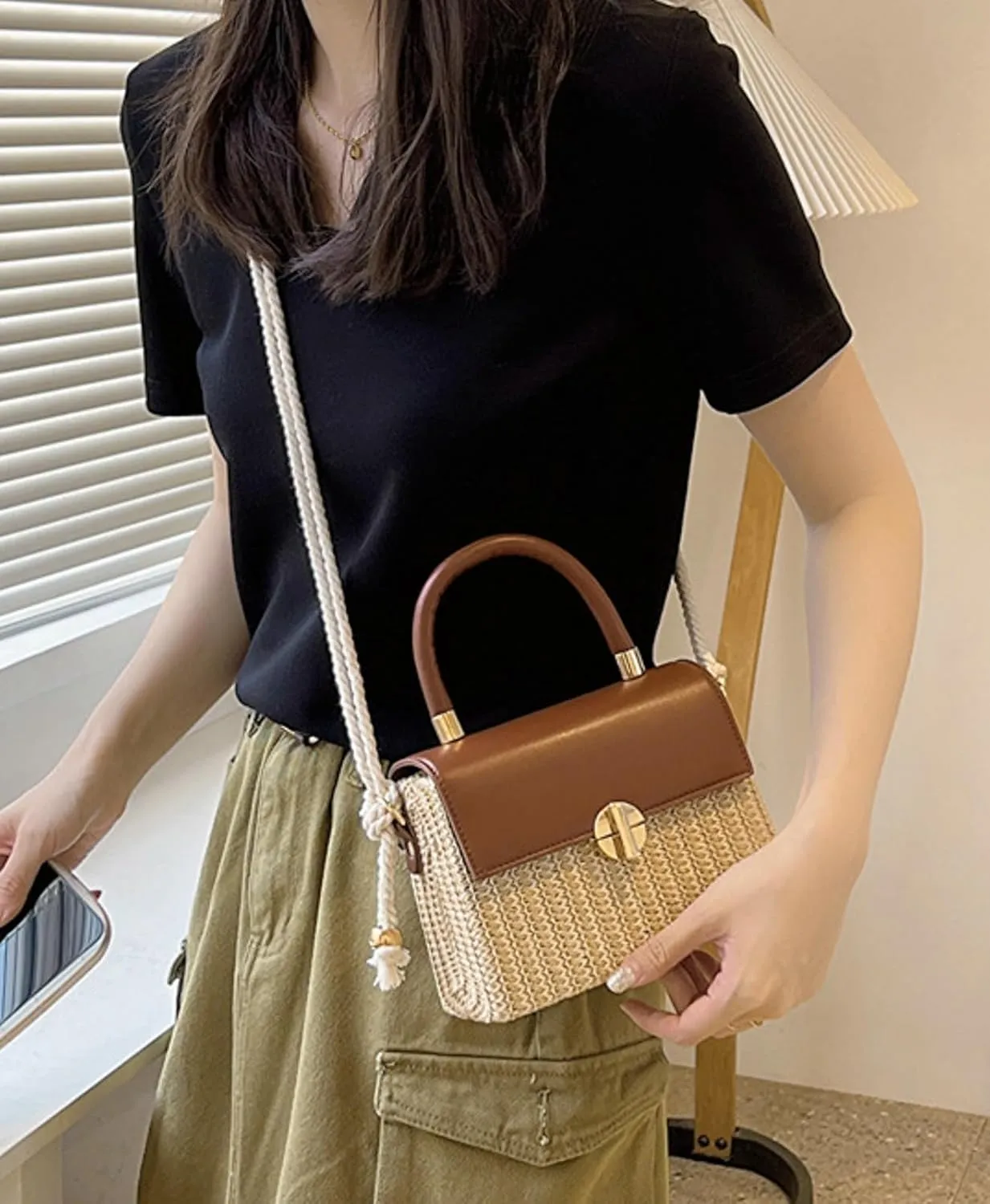 Woven PU Crossbody Bag Top Handle Mini Satchel Women Stylish Commuter Handbag Versatile Shoulder Casual Summer Tote