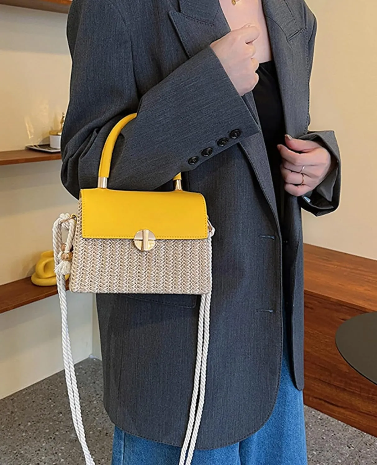 Woven PU Crossbody Bag Top Handle Mini Satchel Women Stylish Commuter Handbag Versatile Shoulder Casual Summer Tote