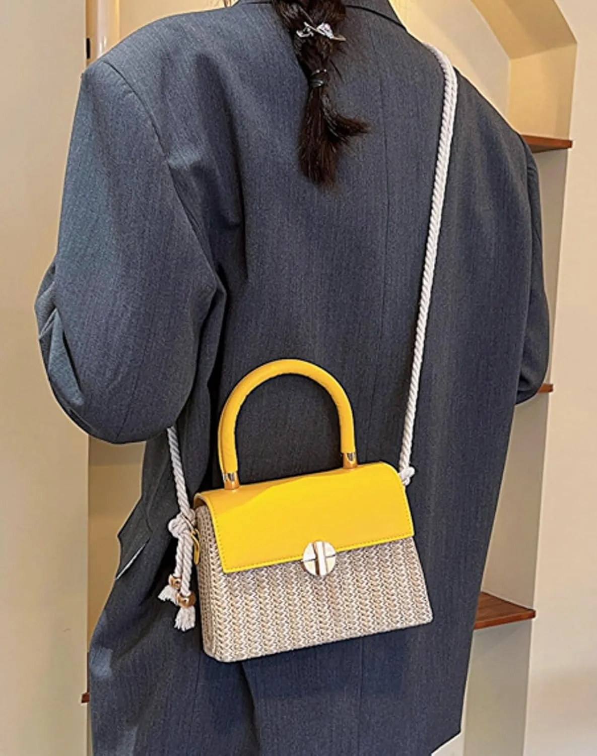 Woven PU Crossbody Bag Top Handle Mini Satchel Women Stylish Commuter Handbag Versatile Shoulder Casual Summer Tote