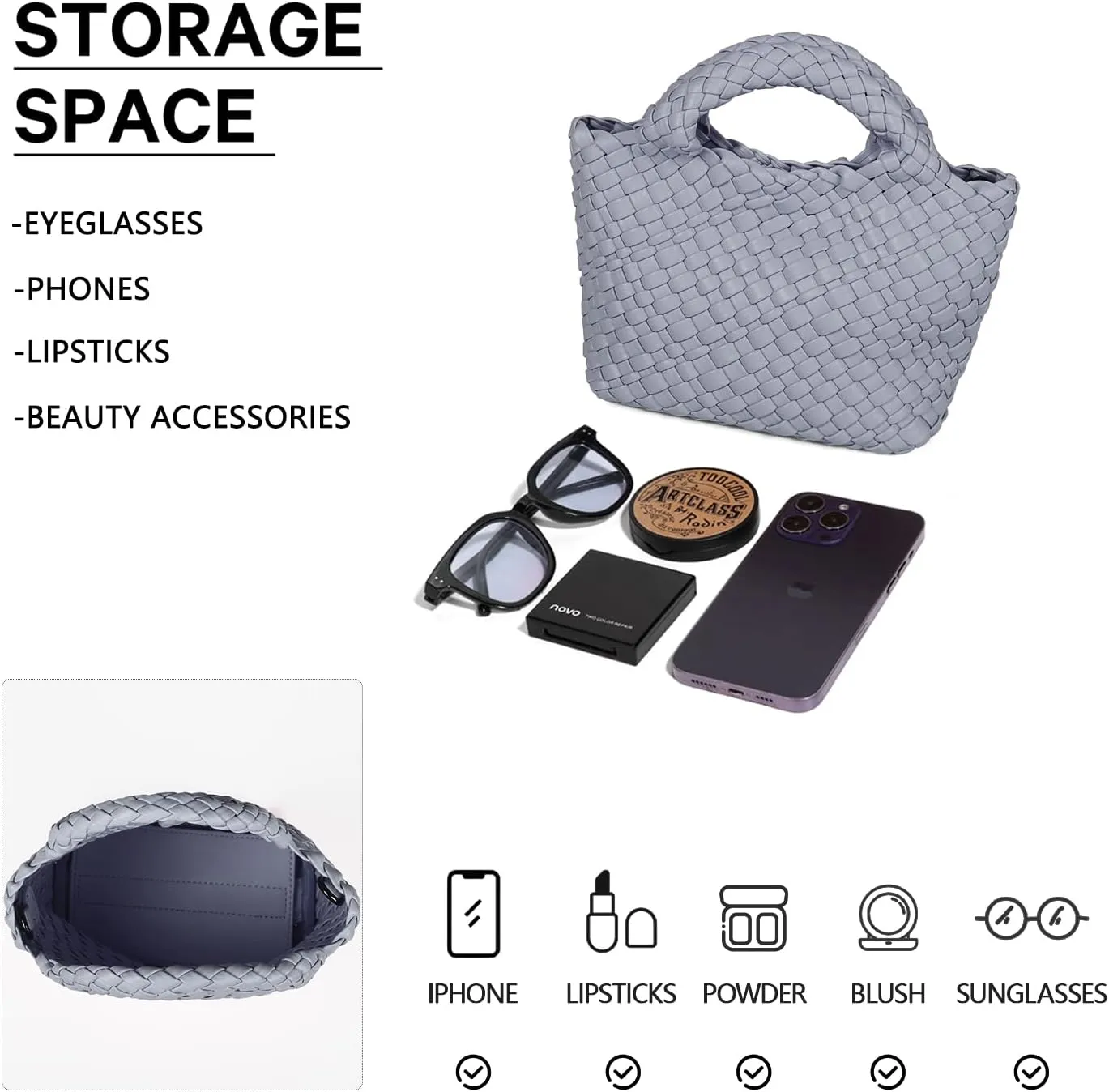 Woven Purses Bag for Women, Vegan Leather Handwoven Bags with Mini Handmade Purse, SMALL Travel Beach Top Handle Handbags