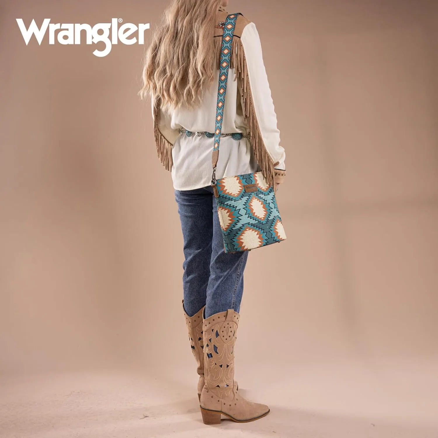 Wrangler Aztec Crossbody Bag for Women Southwestern Print Canvas Shoulder Purse with Distressed Look and Adjustable Strap
