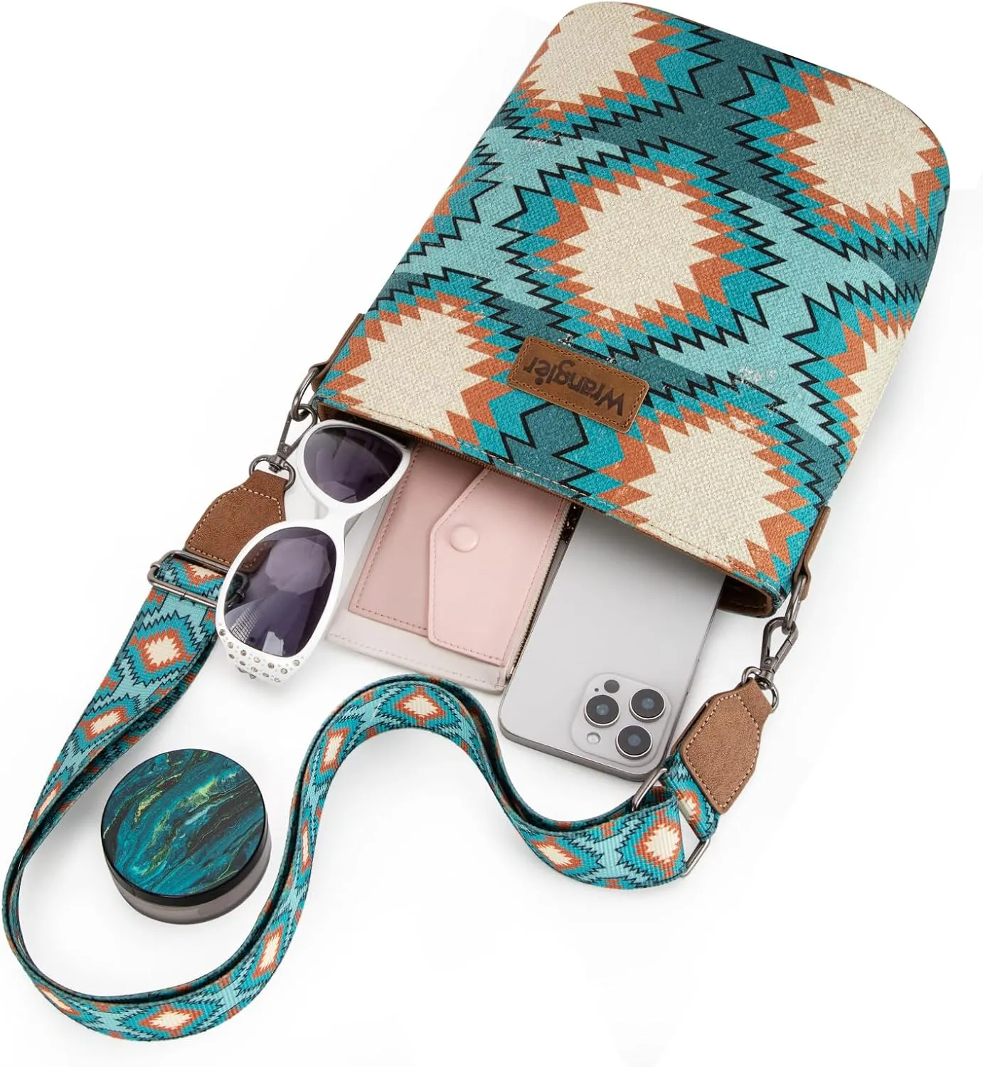 Wrangler Aztec Crossbody Bag for Women Southwestern Print Canvas Shoulder Purse with Distressed Look and Adjustable Strap