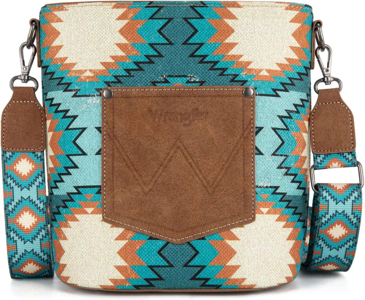 Wrangler Aztec Crossbody Bag for Women Southwestern Print Canvas Shoulder Purse with Distressed Look and Adjustable Strap