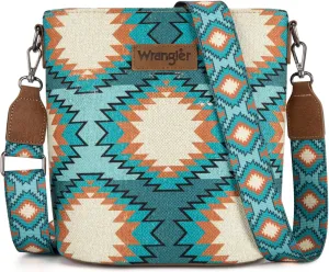 Wrangler Aztec Crossbody Bag for Women Southwestern Print Canvas Shoulder Purse with Distressed Look and Adjustable Strap