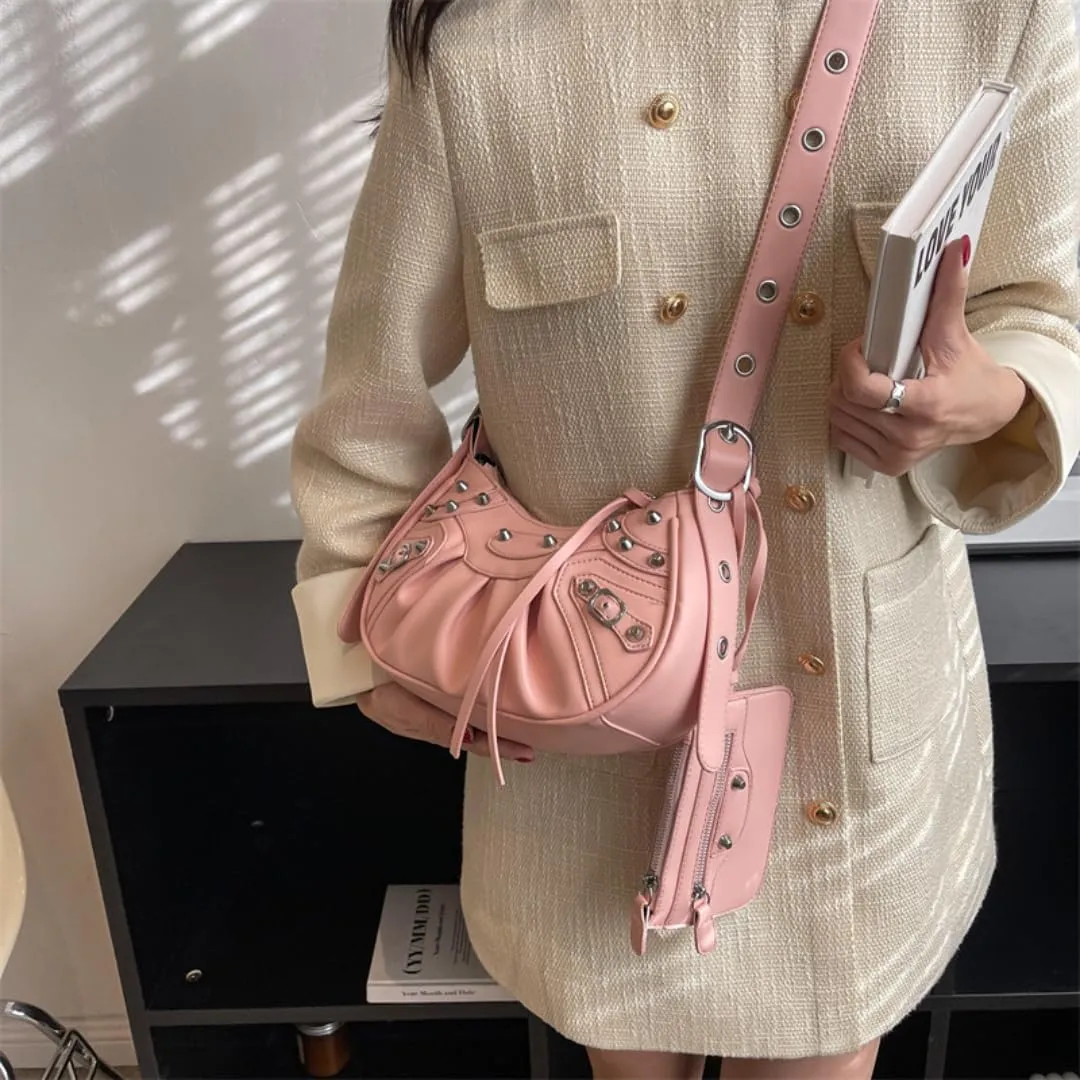 Y2K Punk Shoulder Bag for Women Handbag Shoulder Purse with Rivet Leather Crossbody Bag Fof Lady