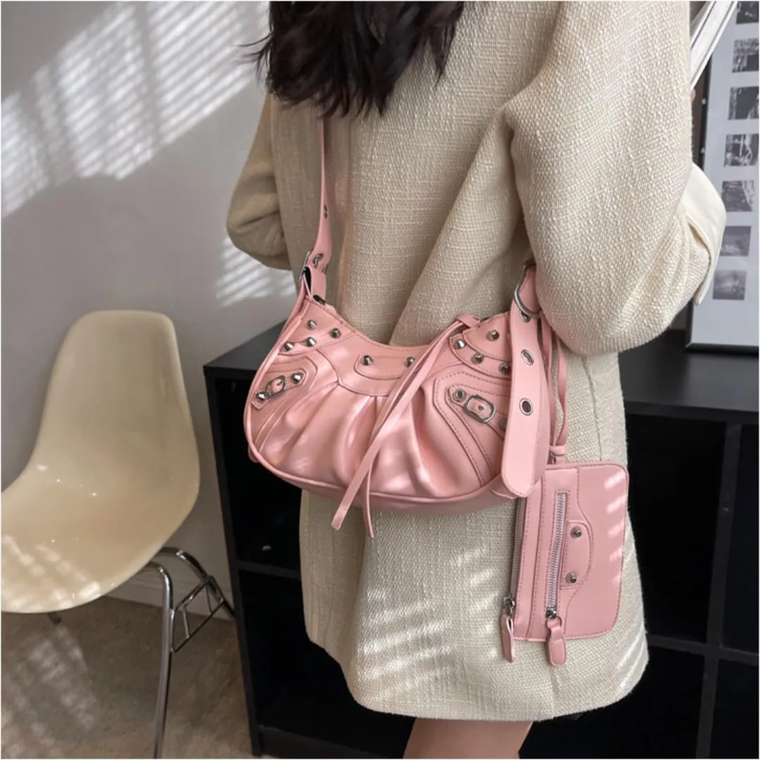 Y2K Punk Shoulder Bag for Women Handbag Shoulder Purse with Rivet Leather Crossbody Bag Fof Lady