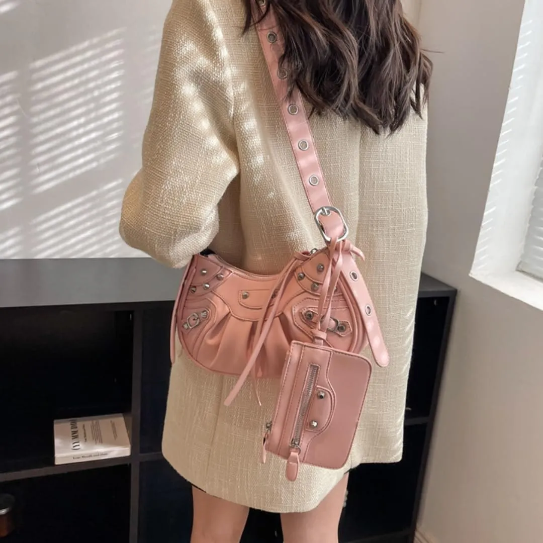 Y2K Punk Shoulder Bag for Women Handbag Shoulder Purse with Rivet Leather Crossbody Bag Fof Lady