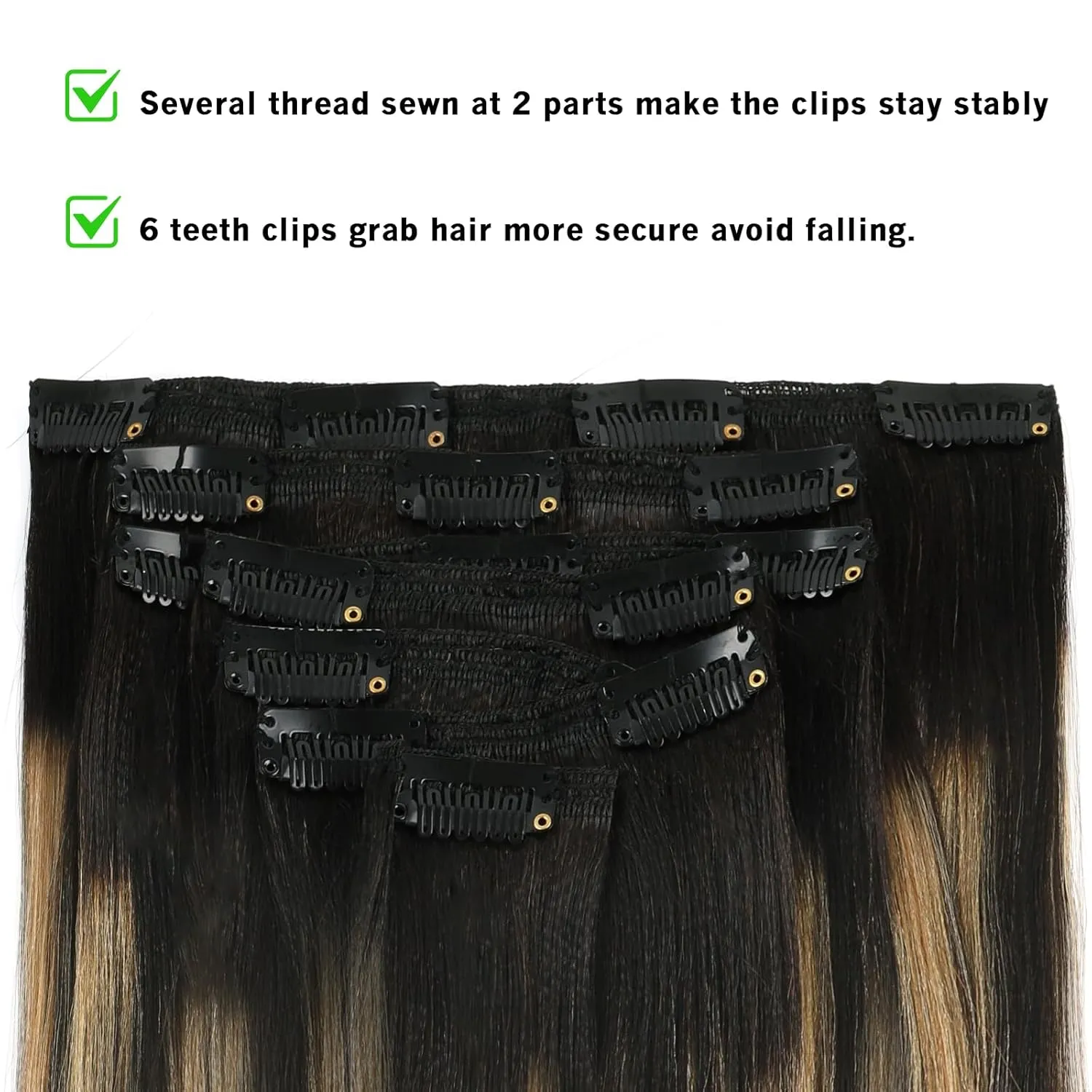 Yaki Clip in Hair Extensions Human Hair Root Natural Black #1B to Caramel Blonde #27 Yaki Straight Clip ins Human Hair Double Weft Light Yaki Clip ins Full Head 14inch 7 Pcs With 17 Clips 120G