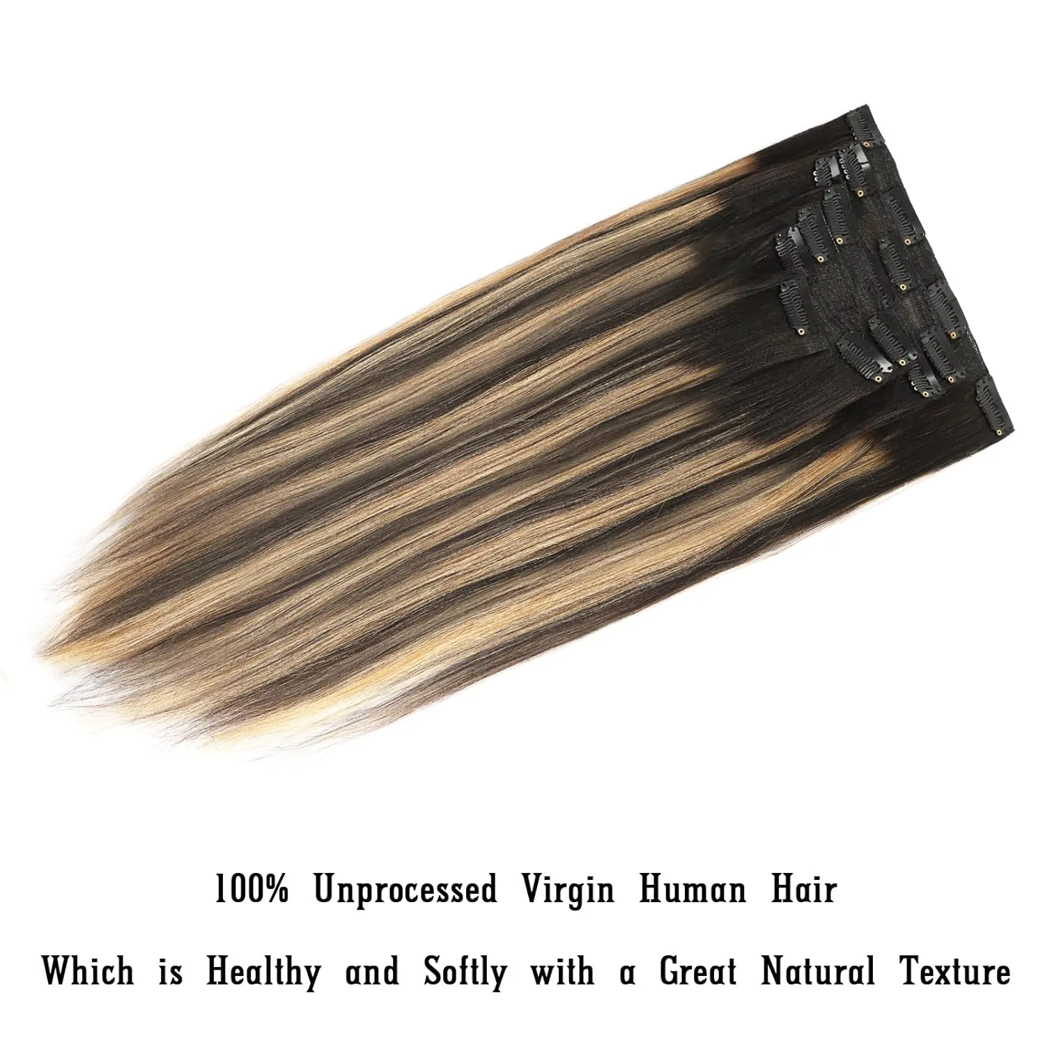Yaki Clip in Hair Extensions Human Hair Root Natural Black #1B to Caramel Blonde #27 Yaki Straight Clip ins Human Hair Double Weft Light Yaki Clip ins Full Head 14inch 7 Pcs With 17 Clips 120G