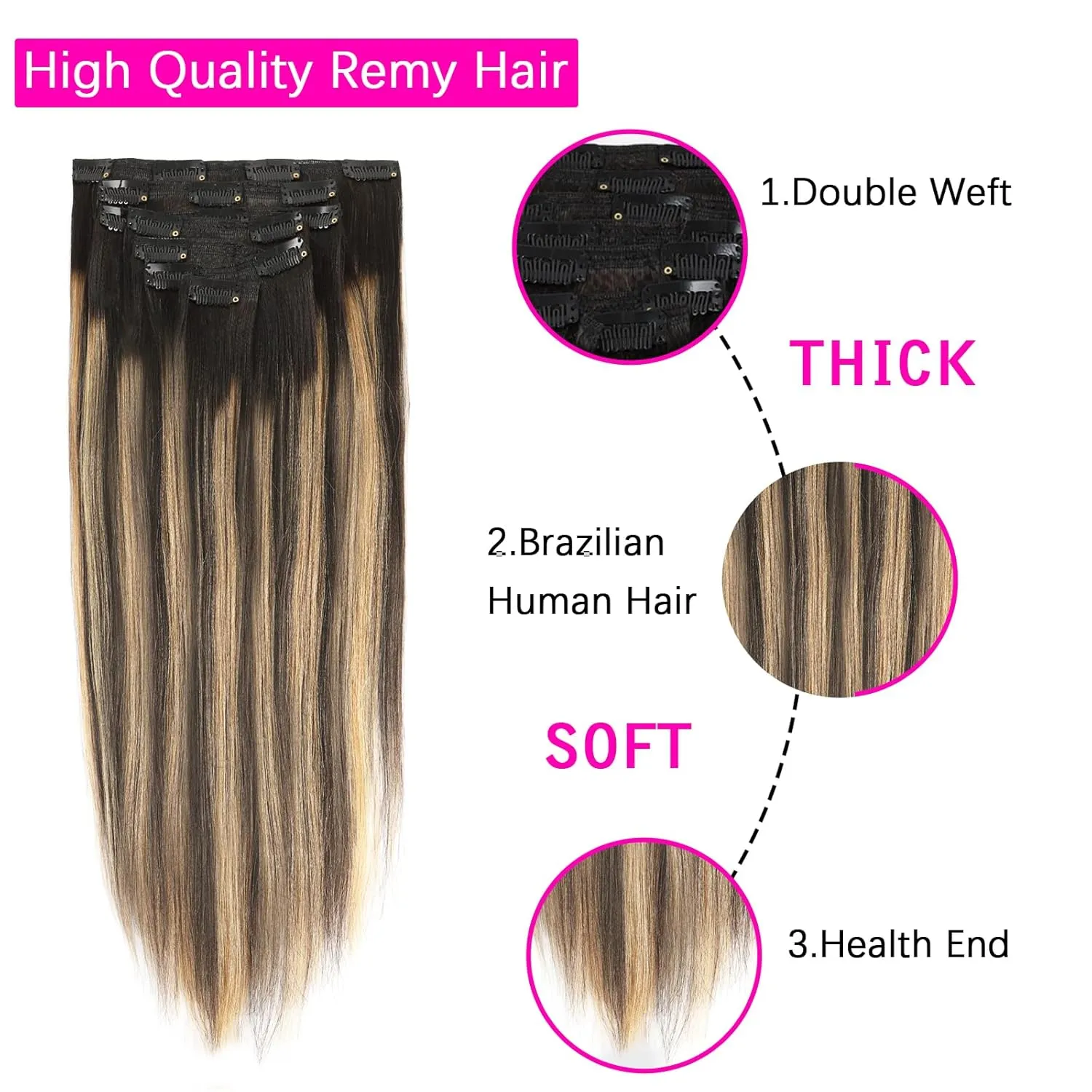Yaki Clip in Hair Extensions Human Hair Root Natural Black #1B to Caramel Blonde #27 Yaki Straight Clip ins Human Hair Double Weft Light Yaki Clip ins Full Head 14inch 7 Pcs With 17 Clips 120G